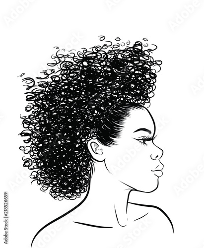 Curly beauty girl illustration isolated on clear background. Double buns with long hair. Hand draw idea for business cards, templates, web, brochure, posters, postcards, salon