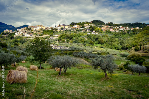 vintage landscape of rural Italian village Picinisco with hay bales in the olive grove,amid the Apennine mountains of the Lazio region photo