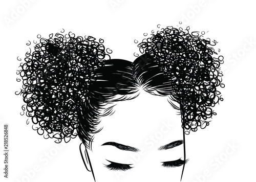 Curly beauty girl illustration isolated on clear background. Double buns with long hair. Hand draw idea for business cards, templates, web, brochure, posters, postcards, salon