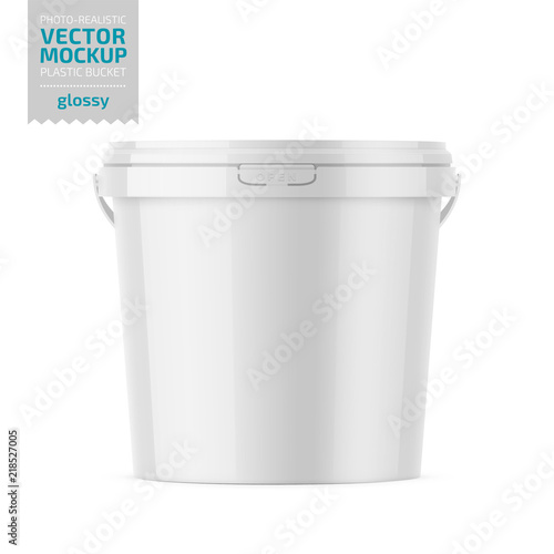 White glossy plastic bucket mockup with label.