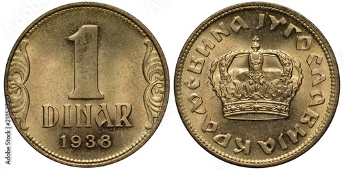 Fotografie Yugoslavia Yugoslavian coin 1 one dinar 1938, value and date flanked by vignette