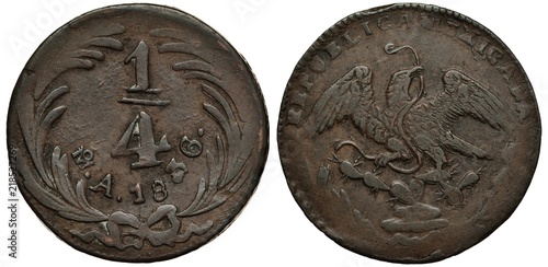 Mexico Mexican coin 1/4 quarter real 1836, First Republic, value, mint mark and date flanked by springs, eagle on cactus catching snake,