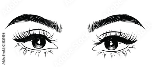 Abstract fashion illustration of the eye with creative makeup. Hand drawn vector idea for business visit cards, templates, web, salon banners,brochures. Natural eyebrows and glam eyelashes