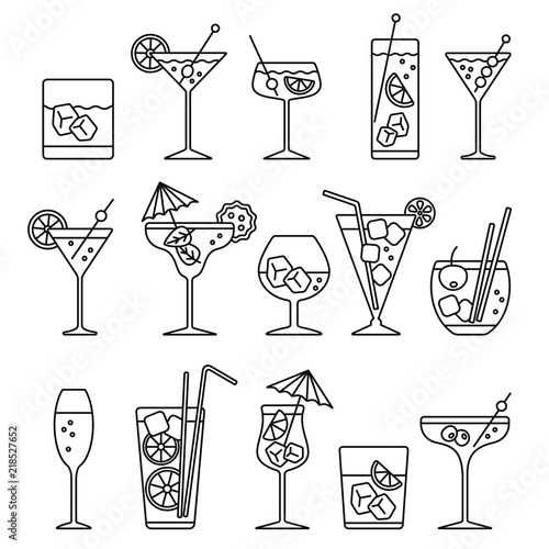 Cocktails set related icons: thin vector icon set, black and white kit