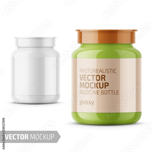 White glossy medicine bottle template with label.
