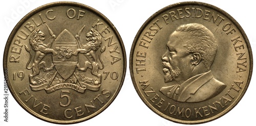Kenya Kenyan coin 5 five cents 1970, arms, two lions holding lances and African shield, bust of first President of Kenya Jomo Kenyatta, 
