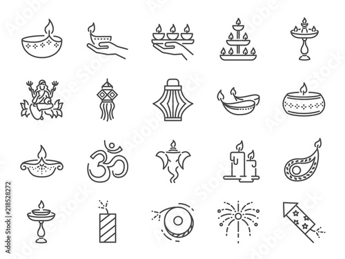 Diwali icon set. Included icons as Deepavali celebrate, light festival, candle, lamp, Hindu celebration, hinduism and more.