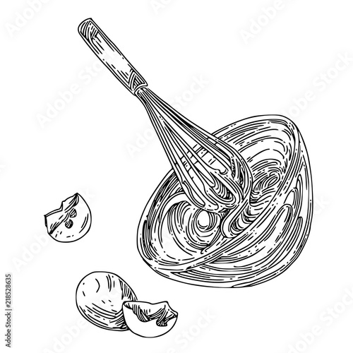 Bowl of beaten eggs. Sketch. Engraving style. Vector illustration.