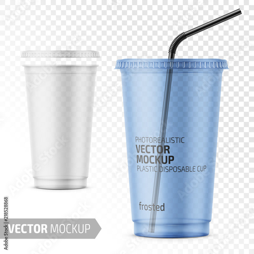 Disposable plastic cup with lid and straw.