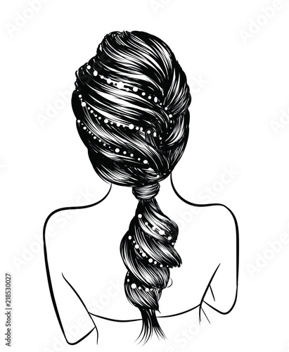 Fashion illustration of a girl with heathy long hairstyle. Hand-drawn braid for web, brochure, templates, post, business card.