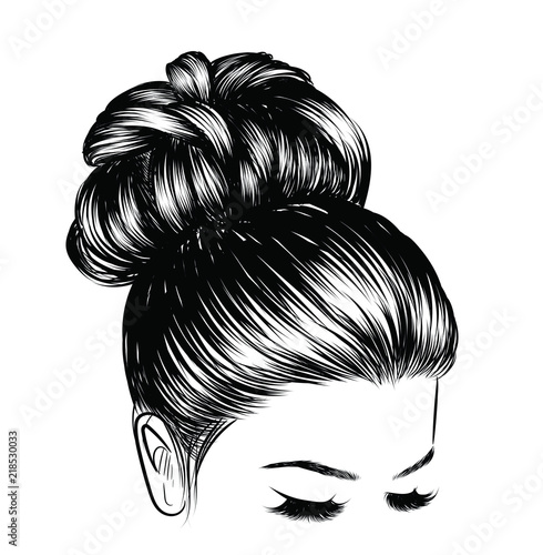 Woman with stylish classic bun with perfect eyebrow shaped and full. Illustration of business hairstyle with natural long hair. Hand-drawn idea for greeting card, poster, flyers, web, print for t-shir