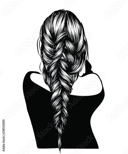 Fashion illustration of a girl with heathy long hairstyle. Hand-drawn braid for web, brochure, templates, post, business card.