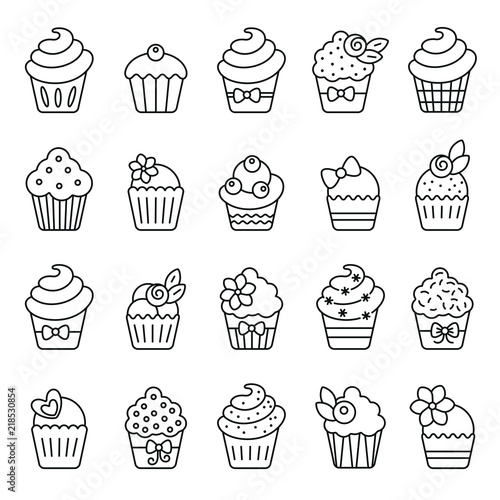 Cupcake related icons: thin vector icon set, black and white kit
