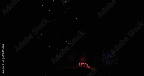 The fireworks in the night sky. Holiday celebration. Colorful and amazing fireworks at holiday night.  .