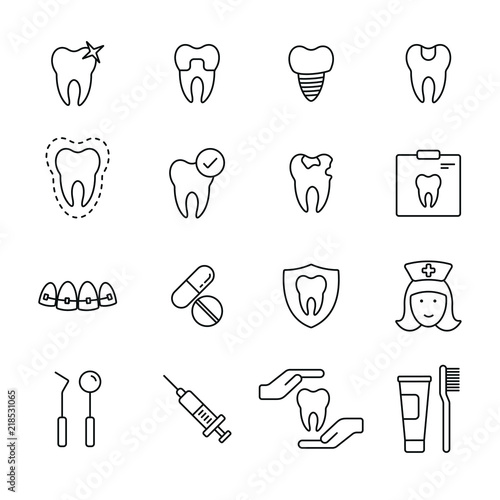 Dental related icons: thin vector icon set, black and white kit