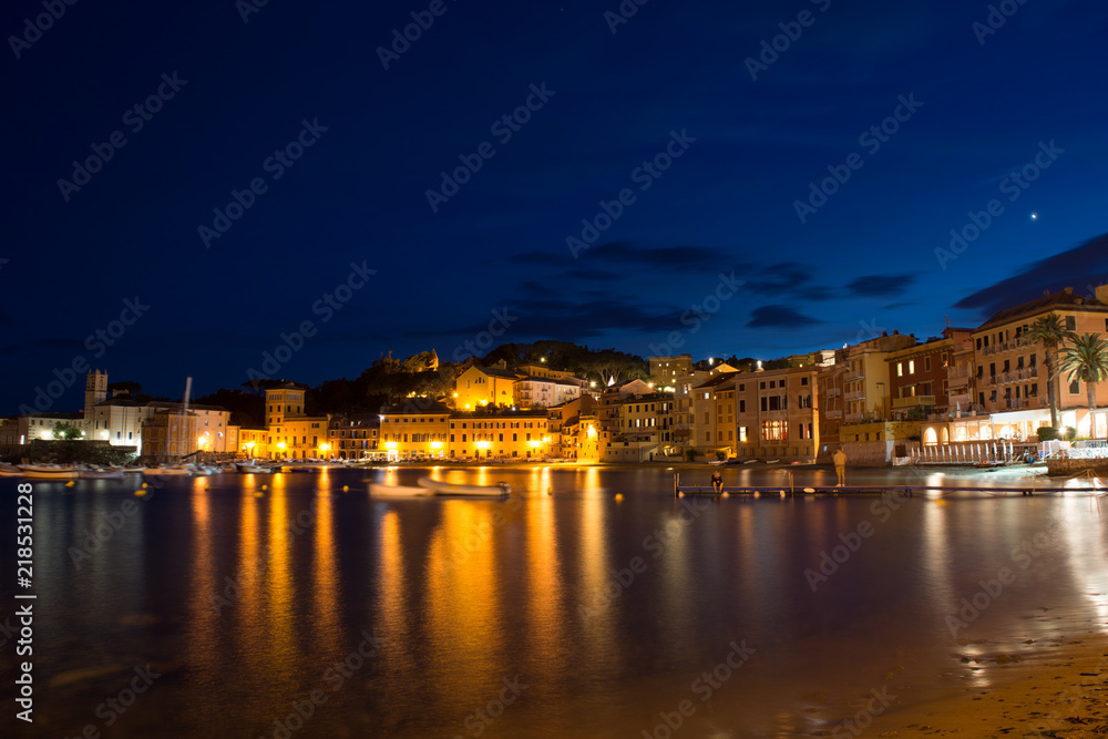 Romantic Time at The Bay of Sestri Levante at the Blue Hour in Summer