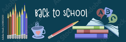 Back to school. Set pencils, books, letters and cup with heart. Collection. Isolated object. Blue background.