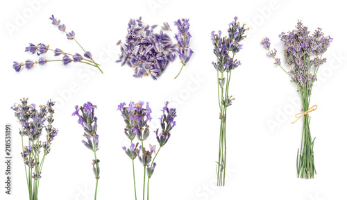 Fototapeta Naklejka Na Ścianę i Meble -  Set with aromatic fresh lavender on white background