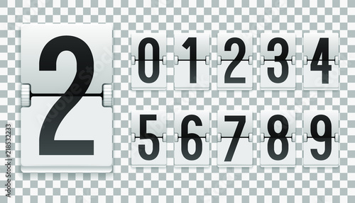 Numbers from White Mechanical Scoreboard; Flip countdown clock counter; Black digit on white board with transparent shadow; Mechanical Scoreboard for web page upcoming event template design