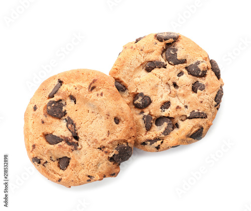 Tasty chocolate cookies on white background  top view