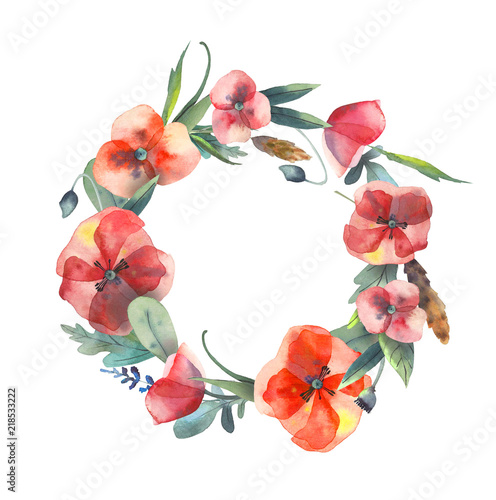 Watercolor wreath of leaves, herbs, flowers, poppies, spikelets. Illustration isolated on white background.