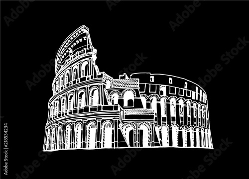 Graphical coliseum isolated on black background,vector sketchy illustration,Rome ,Italy