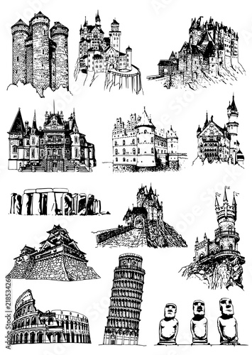 Graphical set of sightseeing isolated on white, famous buildings of the world,vector sketch