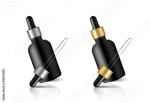 Mock up Realistic Black Dropper or Pipette Bottle With Metallic and Gold Cap for Essential Oil Or Skincare Serum Background Illustration