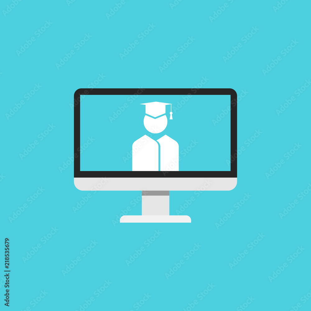 Student with student’s hat on computer screen , flat icon, vector illustration . Student with student’s hat on computer screen , flat icon, vector illustration .