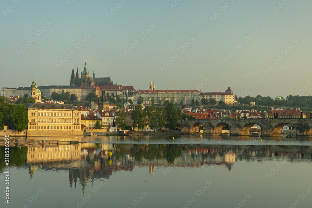 View of the panorama of the old historic center of Prague by the river