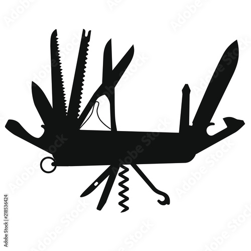 Silhouette of multifunctional pocket knife; Folding knife, multipurpose penknife isolated vector 