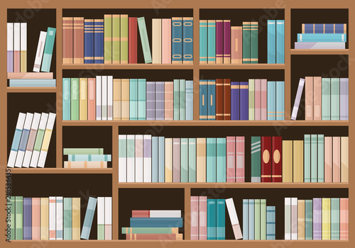 Bookshelves full of books. Education library and bookstore concept.  Vector illustration.
