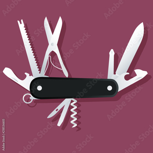 Black Swiss army knife; Black multi-tool, multipurpose penknife isolated vector 