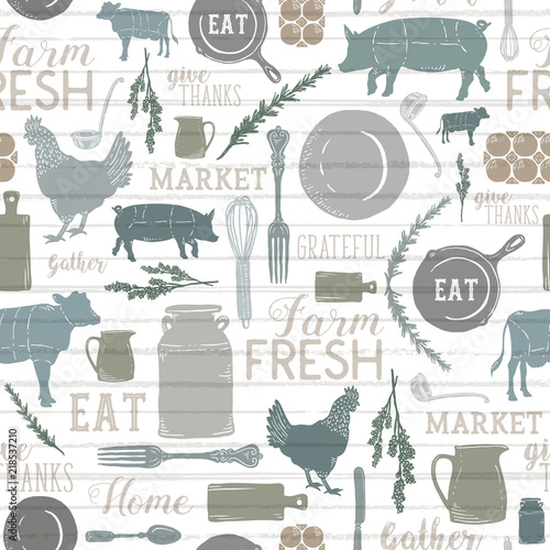 Seamless Vector Modern Farmhouse Kitchen, Text, and Animal Pattern in Turquoise, Blue, Brown, and Gray on Shiplap Background. Great for fabric, scrapbooking, home decor, textiles, backgrounds.