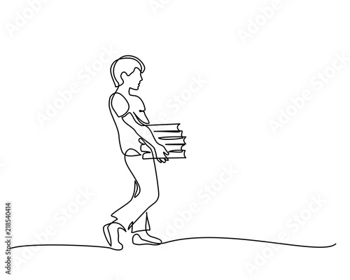 Continuous one line drawing. Boy with books stack. Vector illustration