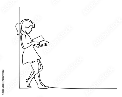 Continuous one line drawing. Girl reading book. Back to school concept. Vector illustration