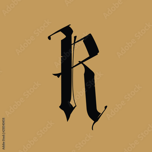 Letter R, in the Gothic style. Vector. Alphabet. The symbol is isolated on a golden background. Calligraphy and lettering. Medieval Latin letter. Logo for the company. Monogram. Elegant font for tatto