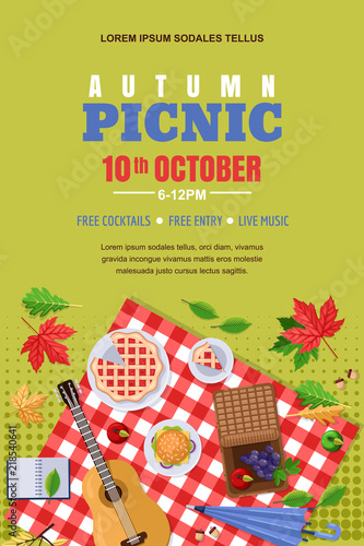 Autumn picnic, vector poster, banner layout. Outdoors weekend and thanksgiving holiday background.