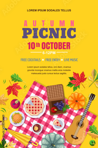 Autumn picnic, vector poster, banner layout. Outdoors weekend and thanksgiving holiday background.