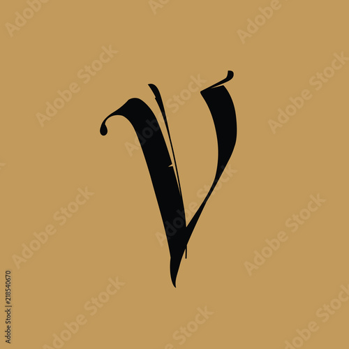 Letter V, in the Gothic style. Vector. Alphabet. The symbol is isolated on a golden background. Calligraphy and lettering. Medieval Latin letter. Logo for the company. Monogram. Elegant font for tatto