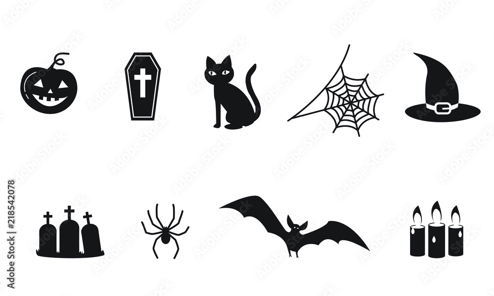 set of Halloween icon symbols, spider, web, spooky vampire bat, black cat,  witch hat; coffin; tomb stone and candles isolated on white background,  simple flat cartoon vector illustration collection Stock Vector |