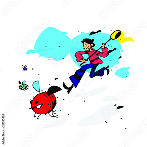 Illustration of a man running with flies and beetles. Vector illustration. The tester catches bugs and errors. Image is isolated on white background. A man with a net catching insects. Enthomologist.  photo