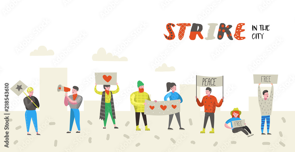Group of Flat Angry People Protesting at Strike. Characters Picketing Against Something with Banners and Placards. Demonstration, Protest, Picket. Vector illustration Group of Flat Angry People Protesting at Strike. Characters Picketing Against Something with Banners and Placards. Demonstration, Protest, Picket. Vector illustration