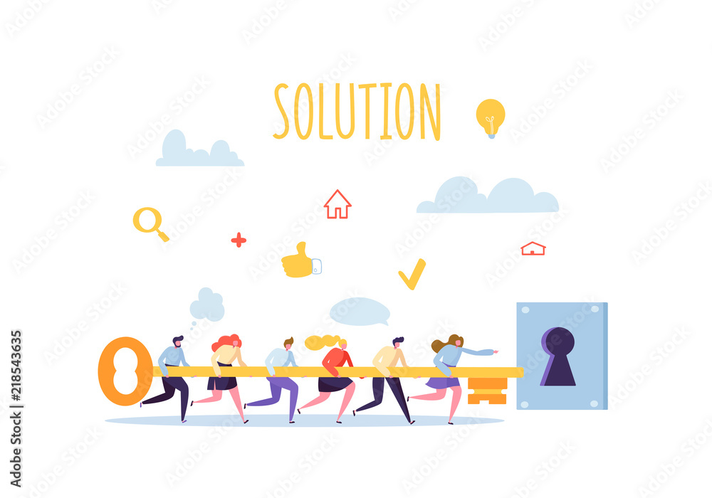 Business Solution Concept. Businessmen Holding Big Key Together and Trying to Open Keyhole. Flat People Teamwork Strategy. Vector illustration