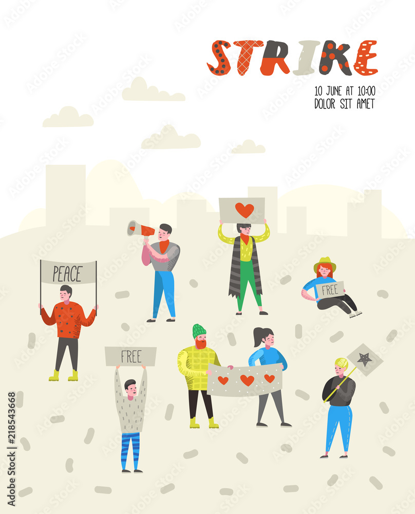 Group of Flat Angry People Protesting at Strike. Characters Picketing Against Something with Banners and Placards. Demonstration, Protest, Picket. Vector illustration Group of Flat Angry People Protesting at Strike. Characters Picketing Against Something with Banners and Placards. Demonstration, Protest, Picket. Vector illustration