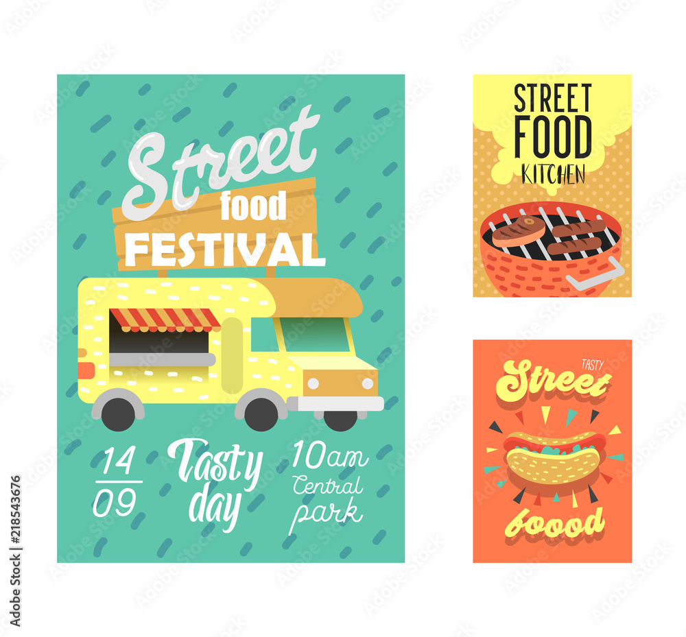 Vetor de Street Food Festival Poster. Fastfood Outdoor Event Invitation ...