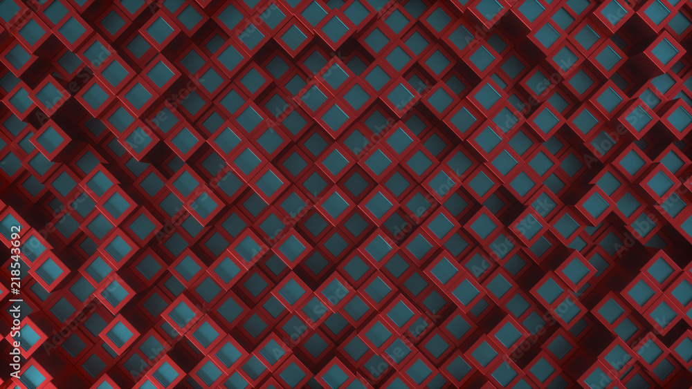 Cubic geometric background. Abstract structure of lots of metal cubes of different height. Creative grid surface with top view. Pattern of block elements. 3d rendering