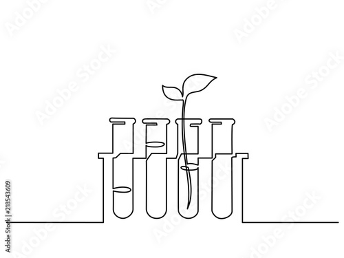 Continuous one line drawing. Chemical lab retorts with sprout plant. Vector illustration