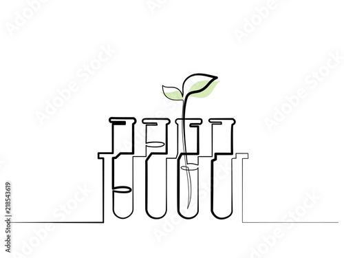 Continuous one line drawing. Chemical lab retorts with sprout plant. Vector illustration