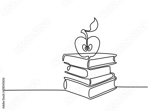 Continuous line drawing. Stack of books with apple. Vector illustration